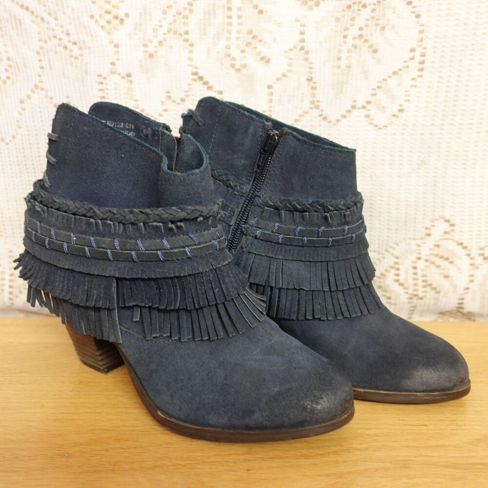 Naughty Monkey Womens Sz 6 Fringe Ankle Boots Dark Blue Suede Western Gypsy Boho